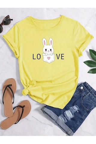 Love Cep Tavşan T-shirt - Sarı Baskılı Oversize Bisiklet Yaka Kısa Kol Tişört Sarı
