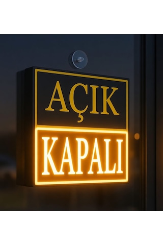 Açık Kapalı Yazılı Led Işıklı Tabela Siyah Kasa Sarı Işık