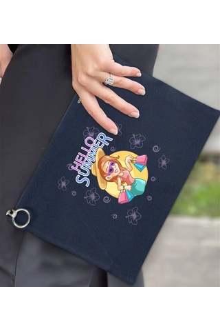 Bk Gift Yaz Temalı-2 Astarlı Lacivert Portföy Çanta 30x21cm, Baskılı El Çantası, Organizer Çanta