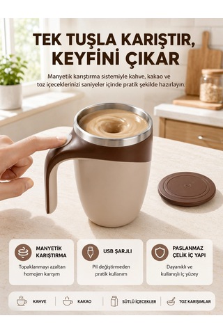 Mey İthalat Manyetik Karıştırıcı Kupa Usb Şarjlı Otomatik Karıştırma Çift Katmanlı Çok Renkli