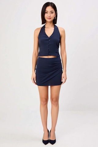 Benerly Kadın Kolsuz V Yaka Crop Top Mini Etek İki Parçalı Dokuma Takım A Lacivert
