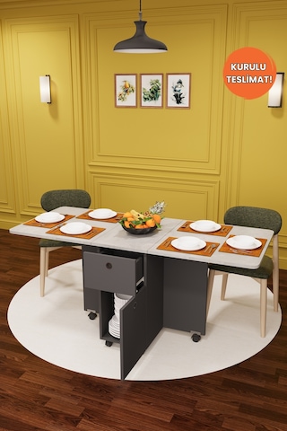 Lüks Katlanır Mutfak Yemek Masası %100 MDF Pratik Çekmeceli Çalışma Masası KM04