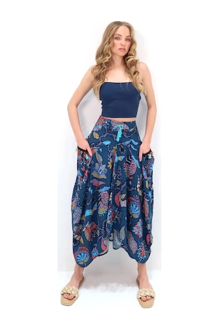 Schık Kadın Viskon Empirme Çiçek Baskı Bohem Stil Cepli Bel Lastikli Etek Lacivert