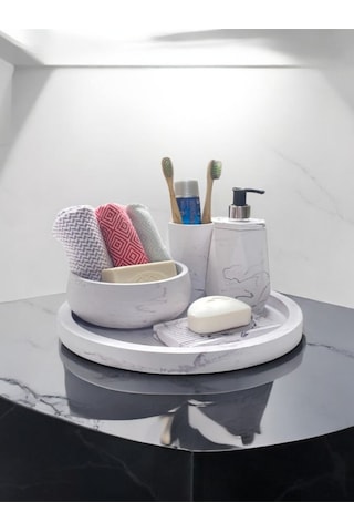 5'lı Mermer Desen Beton Banyo Seti , Sıvı Sabunluk Diş Fırçalığı Beton Aksesuar Takım,tepsi,havluluk Beyaz
