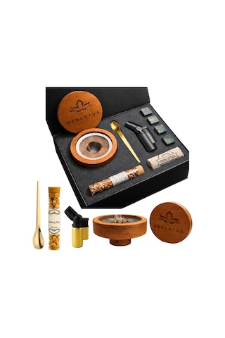Perlotus Premium Kutulu Ahşap Viski Tütsüleme Seti Tüm Bardaklara Uygun Aparat, Talaş, Pürmüz, Viski Taşı