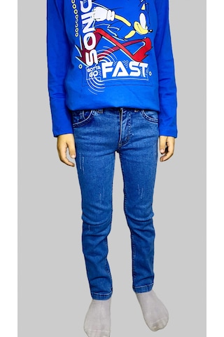 Erkek Çocuk Denim Tırtıklı Mavi Ligralı Kot Pantolon Füme