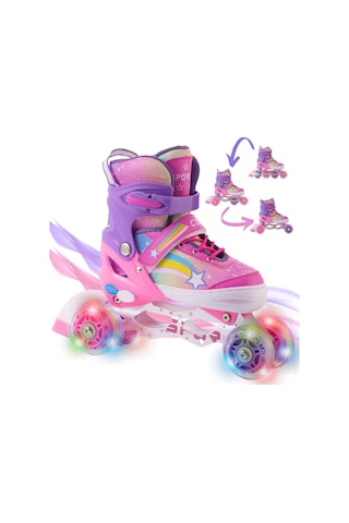Yıldız Gökkuşağı Işıklı Kız Çocuk Pateni Silikon Teker Ayarlanabilir Paten Taşıma Çantalı Pembe Lila Pembe