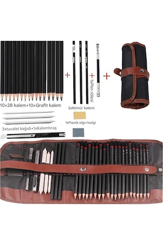 Kara Kalem Çizim Seti, Eskiz Kalem Seti, Dereceli Kalem Set, Tonlama-rulo Kalemlikli-31parça