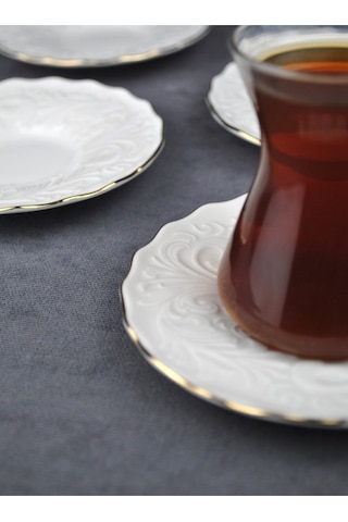 6 Kişilik Porselen Çay Tabağı Kabartma Desenli Yaldzlı 6 Adet Çay Tabak- Pera Gold