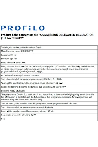 Profilo KM961RCTR 9 KG Isı Pompalı Çamaşır Kurutma Makinesi