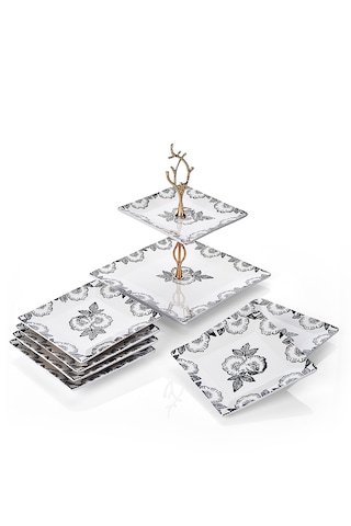 Piatti Naturali İkram Seti Black Rose Çift Katlı Sunum Tabağı & 6 Lı Tatlı Tabağı