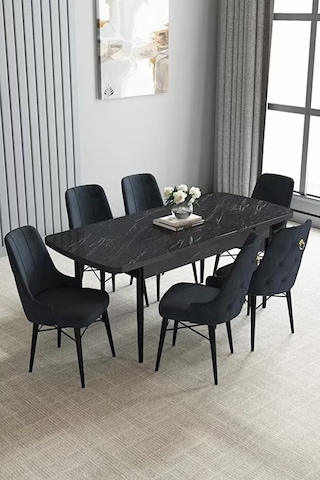Loft Siyah Mermer 80x132 Açılabilir Mdf Masa Yemek Odası Takımı, Mutfak Takımı 6 Sandalye Antrasit
