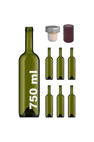 750 Ml Yeşil Şarap Şişesi Sentetik Mantar Tıpalı Ve Kapüşonlu Boş Çukur Cam Şişe 6 Adet