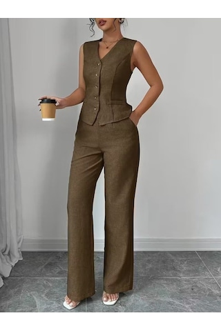 Efnaz Style Kadın Askılı Önden Düğmeli Bluz Ve Pantolon Keten Ikili Takım Kahve