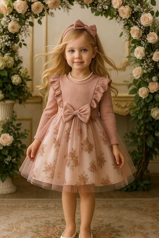 Kız Çocuk Gül Kurusu Çiçekli Tütülü Doğum Günü Hediye Özel Gün Abiye Günlük Prenses Şık Elbise Pembe