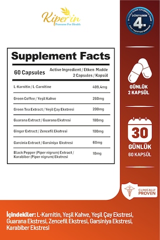 Kiperin Burn Vücut Yağı Hedefleyici L-karnitin, Yeşil Çay, Guarana, Zencefil, Garsiniya, Kafein 60 Kapsül