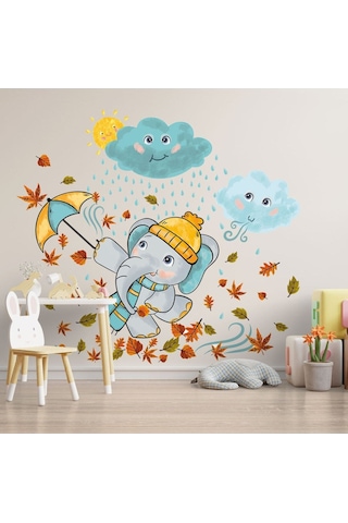 Şemsiyeli Sevimli Fil Çocuk Odası Duvar Sticker