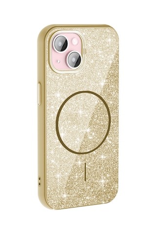 Apple Uyumlu iPhone 15 Kılıf Magsafe Şarj Özellikli Parlayan Simli Okso Kılıf Gold