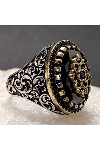 Vog Siyah Zirkon Taşlı Sarmaşık Desenli 925 Ayar Gümüş Erkek Yüzük