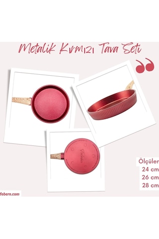 Premium Bio Granit Alüminyum Döküm Nisch Tava Seti Metalik Kırmızı-açık Ahşap Kulp