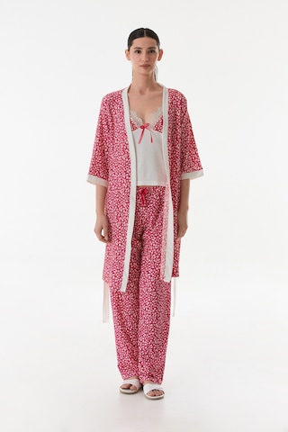 Kadın 3 Lü Sabahlıklı Yazlık Kırınkıl Kumaş Pijama Gecelik Takımı Seti Fuşya