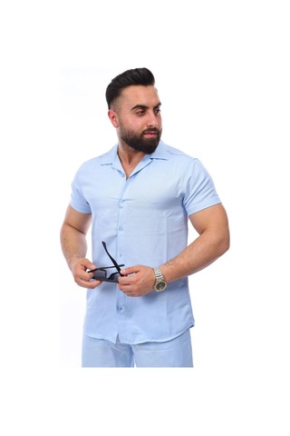 Mcz Giyim Keten Bebe Mavisi Renk Slim Fit Erkek Şort - Gömlek Alt Üst Takım