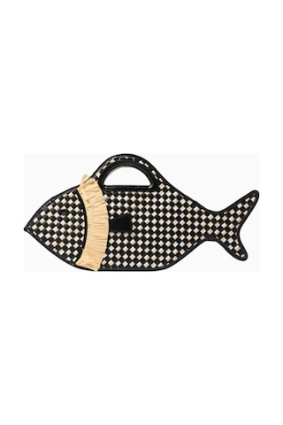 Staud Cleo Fish Basket Bag, Balık Sepeti Çanta, Rafya, Gündüz Ve Plaj Kullanımı Plaj Çantası Siyah