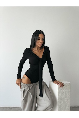 Gülsüm Aydın Sandy Bodysuit Önden Bağlama Detaylı - Siyah Siyah