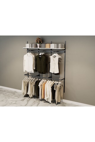 Üçlü Dekoratif Giyinme Odası Raf Sistemi & Duvara Monte Giyinme Odası Rafı Siyah - Beyaz