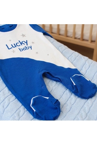 Biçomi Lucky Baby Kaşındırmayan Yumuşak Dokulu Çizgili Bebek Tulumu & Şapka Seti 0-6 Ay Lacivert