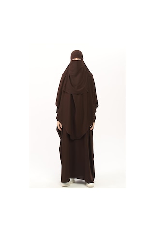 Altobeh Sultanbaş Nikaplı Çarşaf Cilbab Khimar Abaya Kolu Lastikli Hakim Yaka Peçeli Ferace Medine İpek Kahverengi 1412-12-s-m Kahverengi