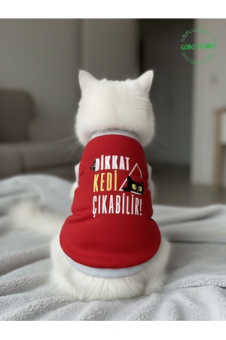 Dikkat Kedi Çıkabilir Yazılı Kırmızı Kedi Ve Köpek Kıyafeti Elbisesi