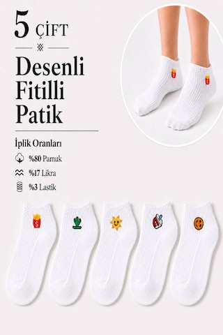 Worthy Socks 5'li Kadın Renkli Eğlenceli Beyaz Patik Çorap Seti