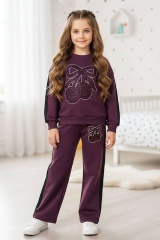 Kız Çocuk Taş İşlemeli Kiraz Ve Fiyonk Desenli-2 İplik-alt-üst Takım-5-12 Yaş 12445 Mürdüm