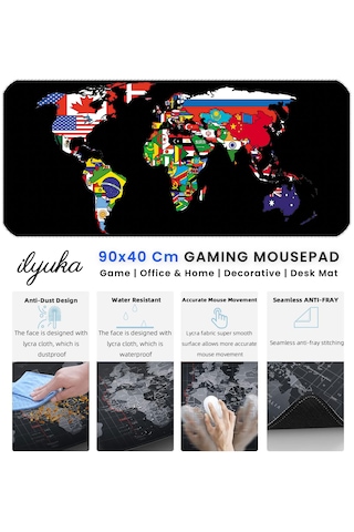 İlyuka Mousepad 90x40cm Büyük Boy Xxl Mp539040 World Map Flags