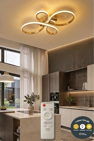 Liya Modern Kumandalı Led Plafonyer Avize 3 Renk Salon, Yemek Odası Ve Oturma Odası İçin Altın