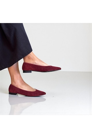 Ne&ve Shoes Bordo Süet Hakiki Deri Sivri Burun Şık Ve Rahat Günlük Babet