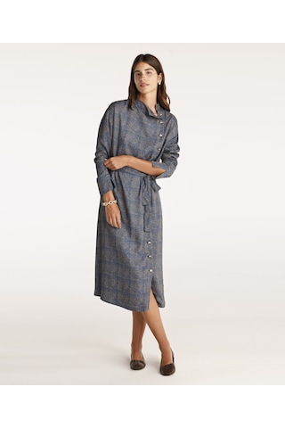 Yargıcı Yüksek Yaka Kuşalı Uzun Kollu Midi Boy Elbise Lacivert Desenli Lacivert
