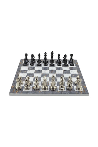 Gifthome Premium Black Metal Klasik Satranç Takımı Ve Gri Mermer Desenli Mdf Satranç Tahtası 37x37 Cm.