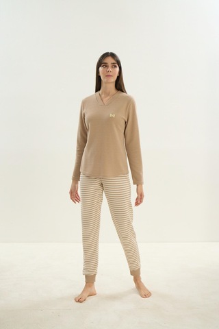 Kadın V Yaka Uzun Kol Bej Pijama Takım C0t8n0o61 001
