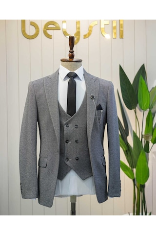 Beystil Sivri Yaka Koyu Gri Takım Elbise Elanor- Slim Fit Koyu Gri