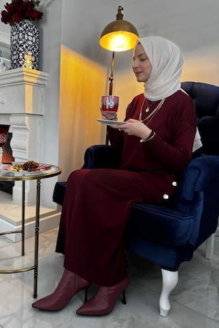 Rabia Şamlı Sezen Triko Takım Bordo Çok Renkli
