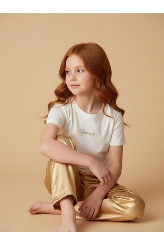 Zekids Kız Çocuk Tasarım T-shirt-17201 Ekru