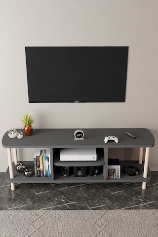Modern Tv Ünitesi Ahşap Raflı 2 Katlı 4 Raflı Televizyon Sehpası Televizyon Ünitesi Antrasit