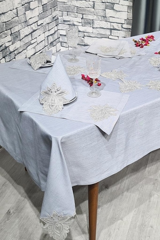 Fransız Dantelli El İşi Lotus 34 Parça Amerikan Servis Seti Gri Gri