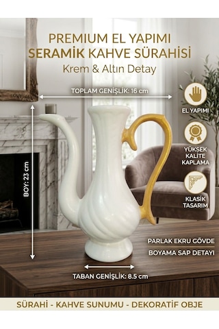 Premium Seramik Krem & Altın Boyama Sürahi - Antik Stil Dekoratif Salon & Antre Objesi Beyaz  - Altın