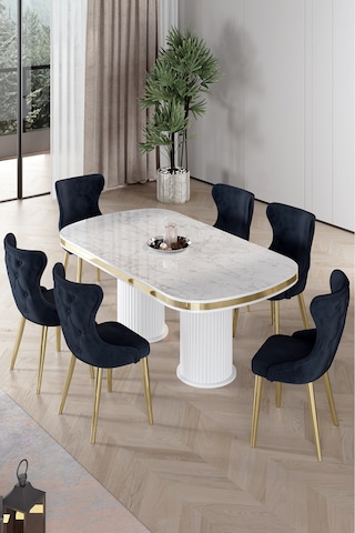 Canisa Galya Serisi Lak Panel 90x168 Sabit Beyaz Mermer Desen Mutfak Masa Takımı 6 Antrasit Sandalye Byz Mermer Masa Ant Sandalye