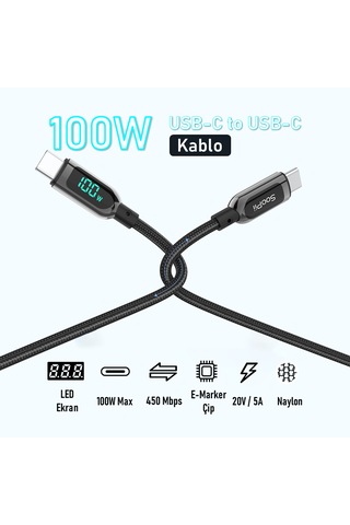 SooPii S10CC PD 100W Led Ekranlı Type-C to Type-C Data Şarj Kablosu