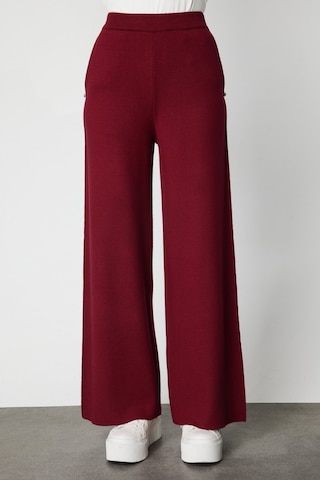 On Kadın Cebi Taş Detaylı Bol Paça Triko Pantolon 63919 Bordo Bordo