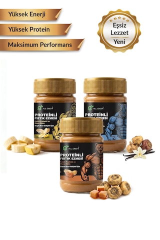3'lü Paket: Proteinli Fıstık Ezmesi Karamel, Muz, Vanilya Fıstık Proteini, Maca Kökü Tozu İle 325 Gr X 3